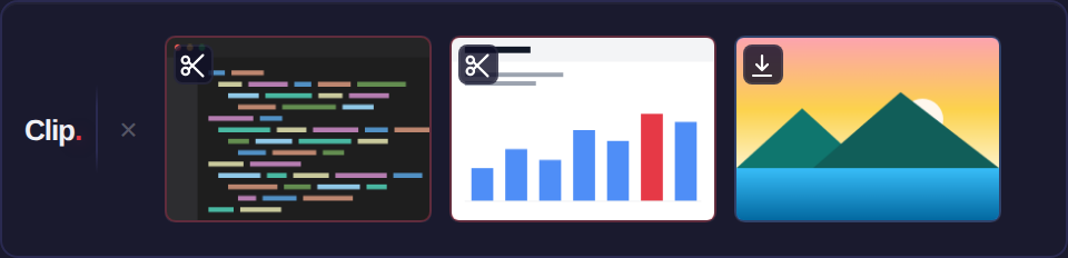 The Clip tray: the Clip wordmark beside three draggable thumbnails — two screenshots and a downloaded photo