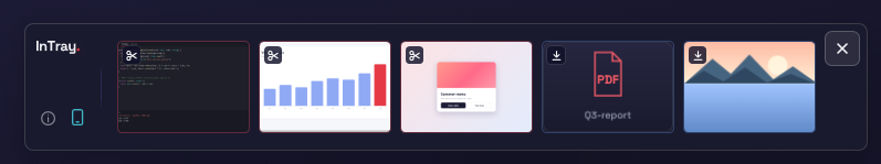 The InTray strip as it appears above the Windows taskbar: the InTray wordmark, the info and phone buttons, and five draggable thumbnails - screenshots, a downloaded PDF and a photo, each with a source badge