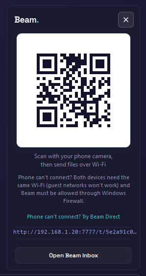 The Beam desktop window: a QR code, a connected phone status, and two received files listed above an Open Beam Inbox button